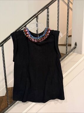 cinq a sept Black Sleeveless Top with Multicolor Jeweled Collar